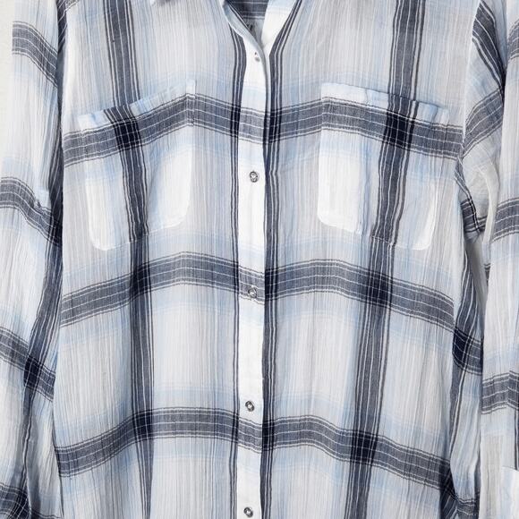 Calvin Klein Gauzy Plaid Shirt Dress Blue White Cotton Size L Weekend Ready - Picture 4 of 8